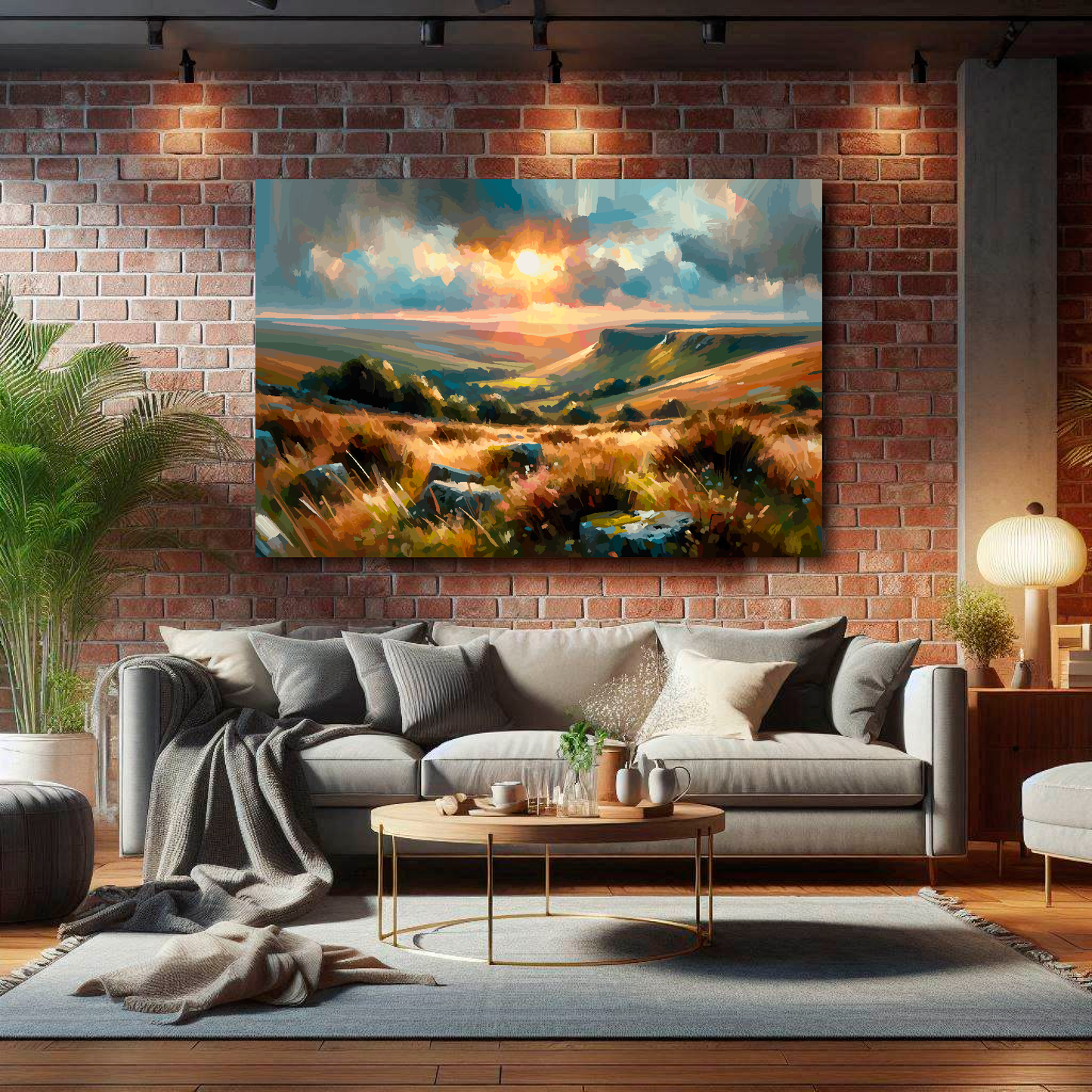 Living room with a gray sofa, coffee table, and a large painting of a sunset over a field on a brick wall.
