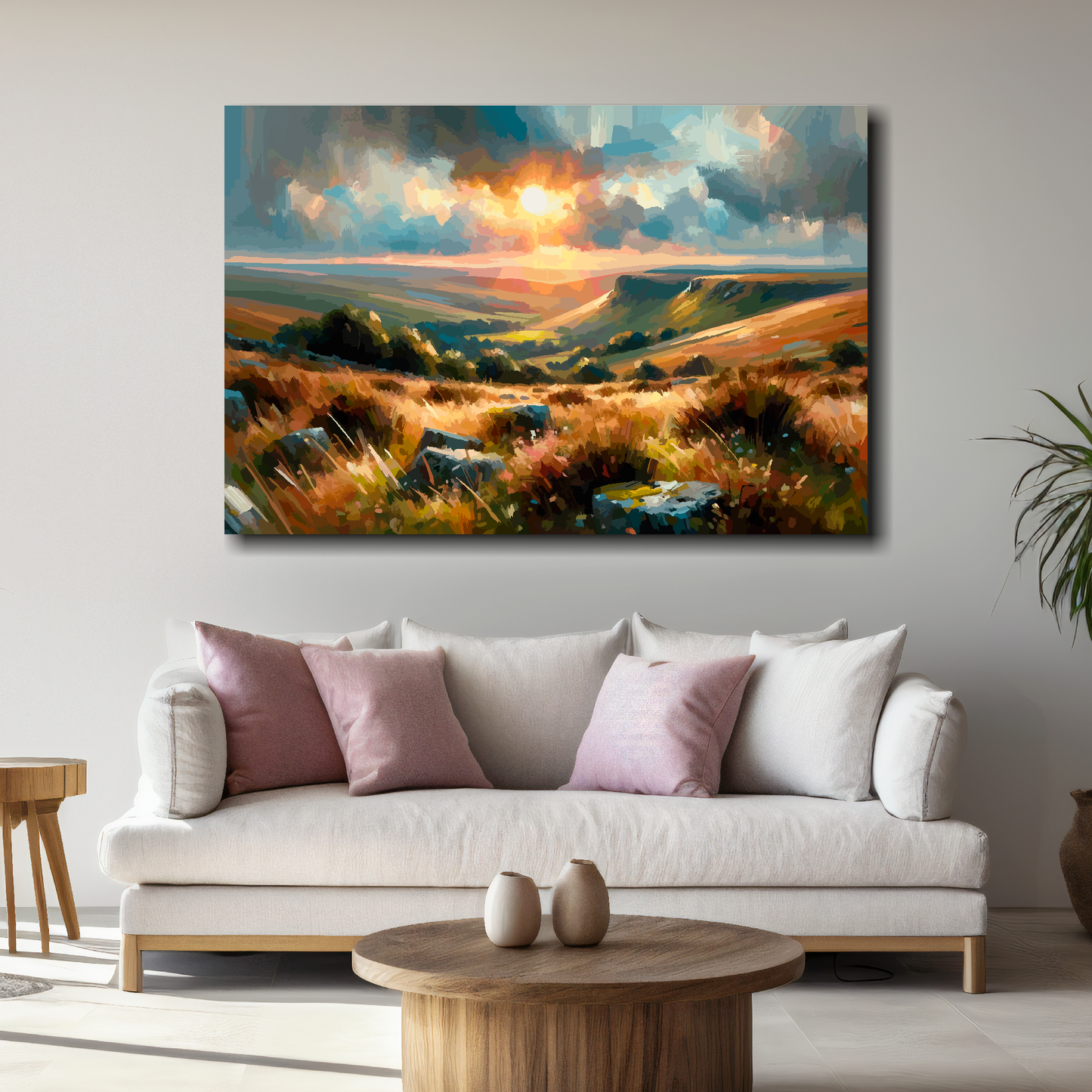 Painting of a sunset over a landscape above a white sofa with colorful cushions in a living room.