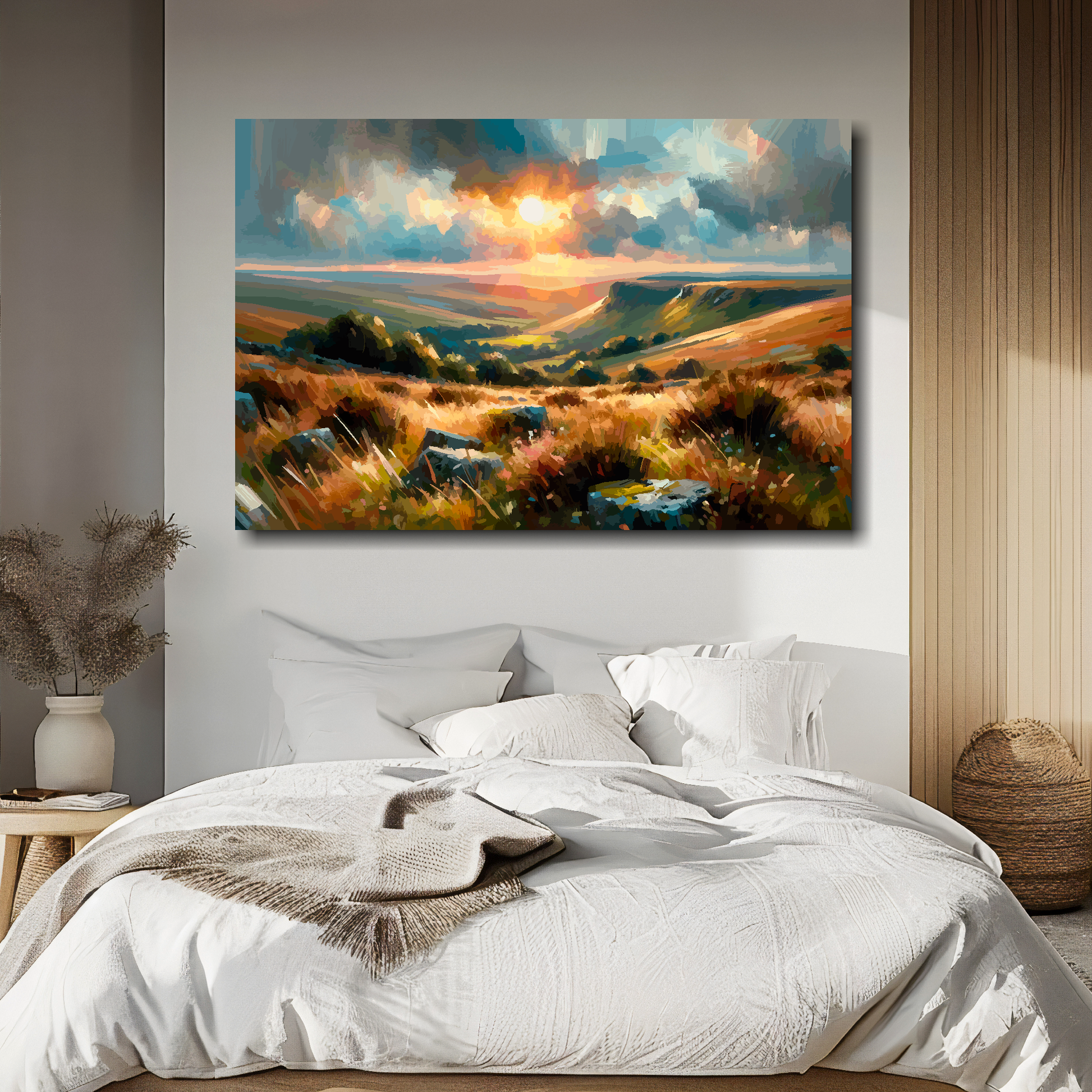 Painting of a sunset over a landscape above a bed in a bedroom.
