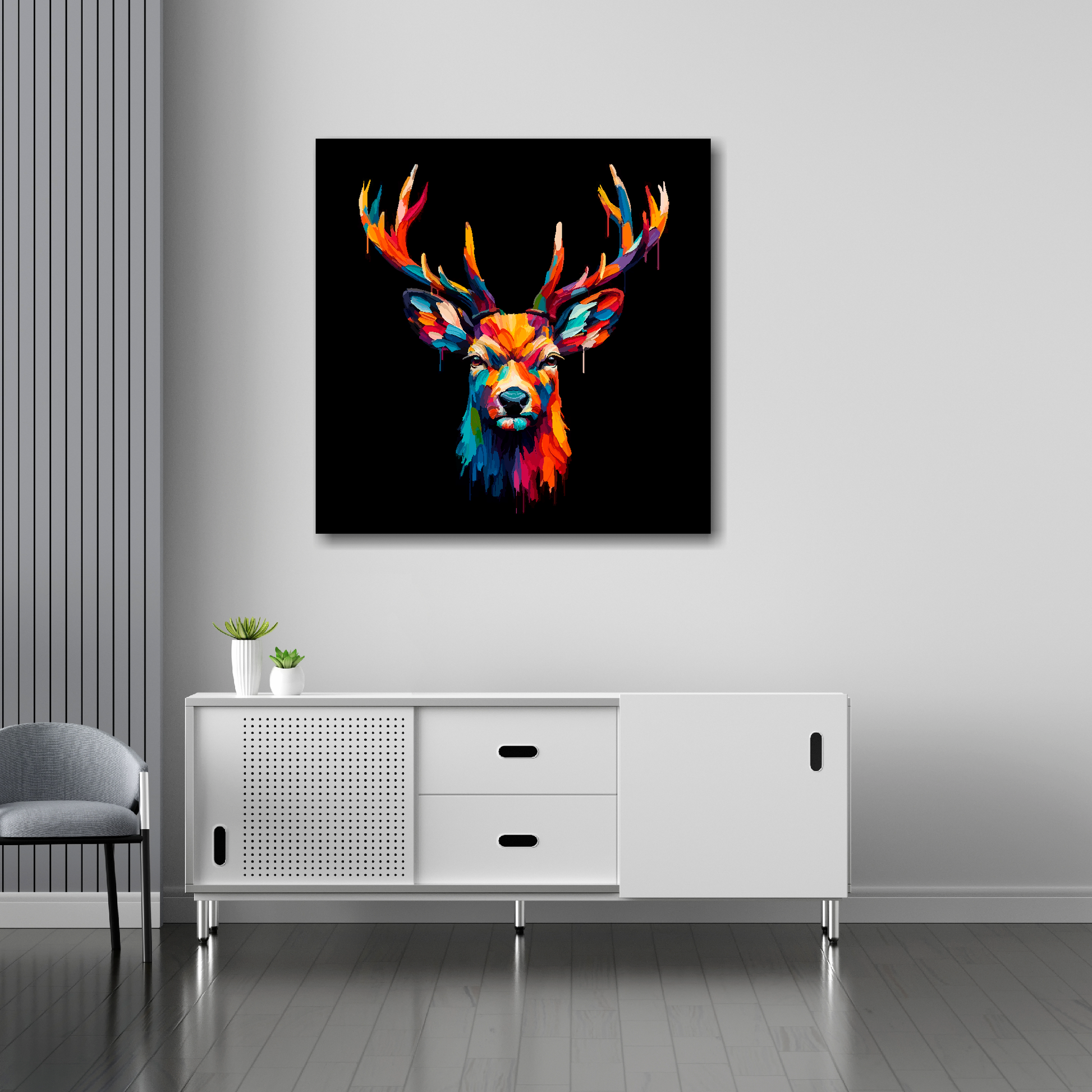 30 inch by 30 inch square canvas of a Deer head portrait on a black background. Mounted on a white wall above a white sideboard.
