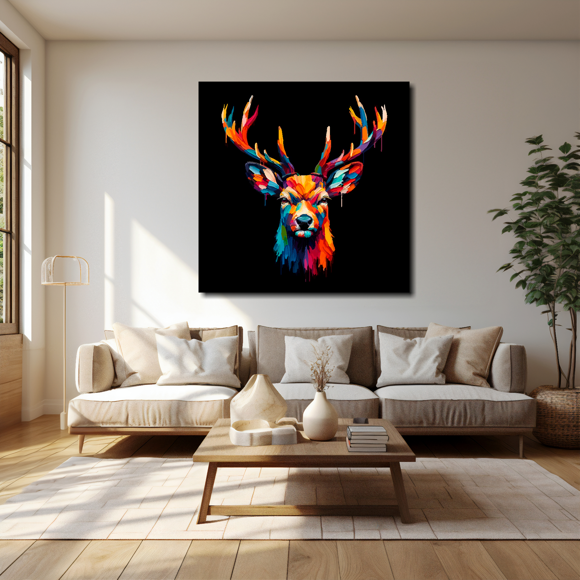 40 inch by 40 inch square canvas of a Deer head portrait on a black background. Mounted on a white wall above a cream sofa with decorative pillows.