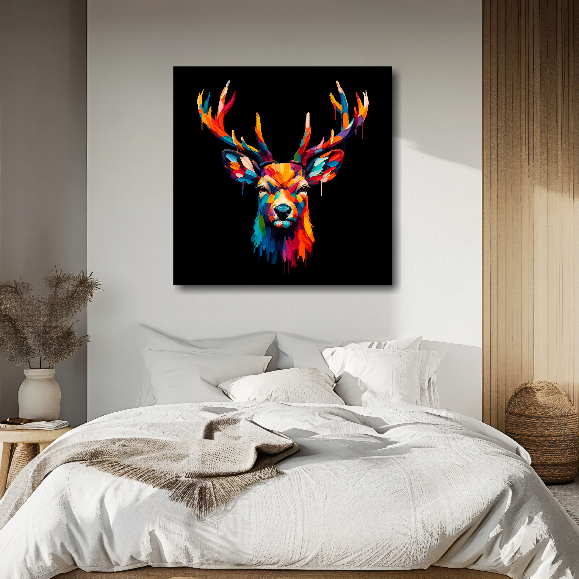 Large canvas wall art - A vibrant multi-coloured head portrait of a Deer. Available in 3 large sizes.