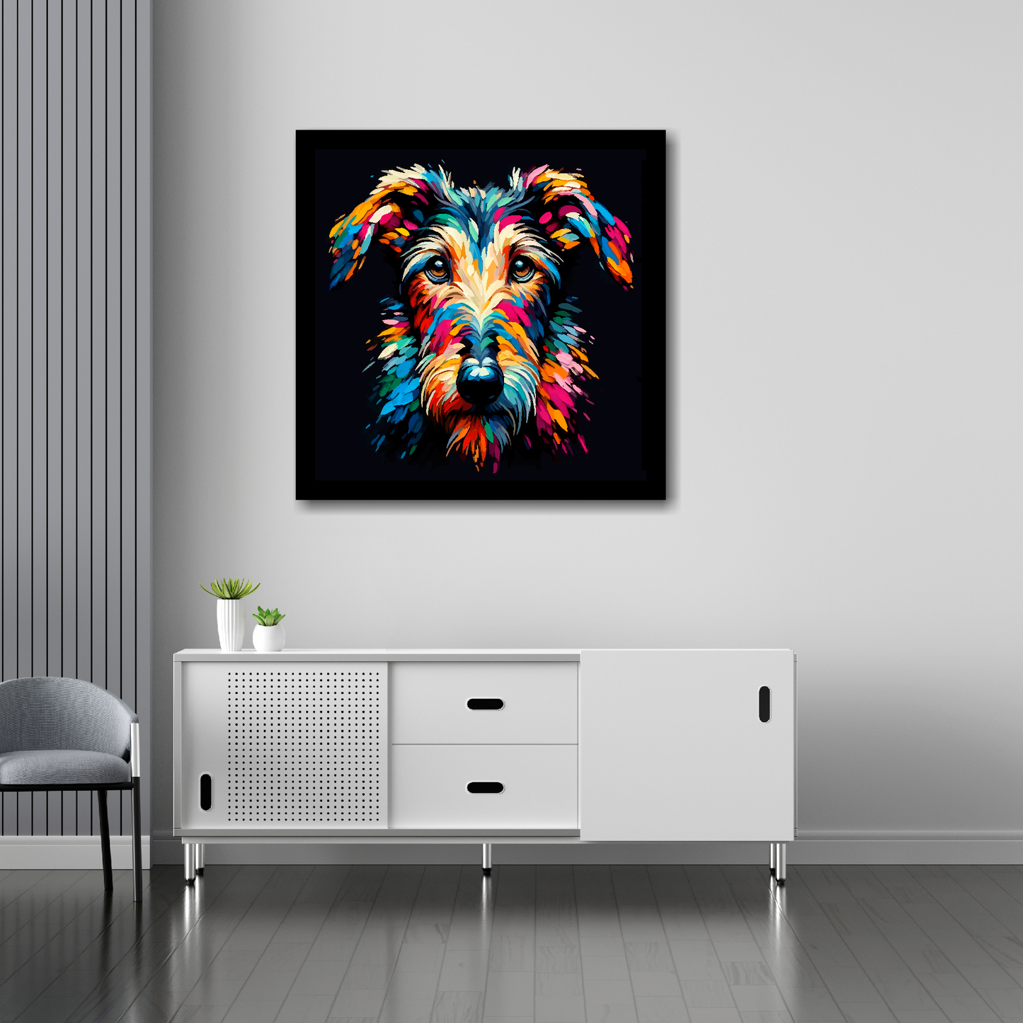 30 inch by 30 inch square canvas of a colourful Deerhound Dog head portrait on a black background. Mounted on a white wall above a white sideboard.