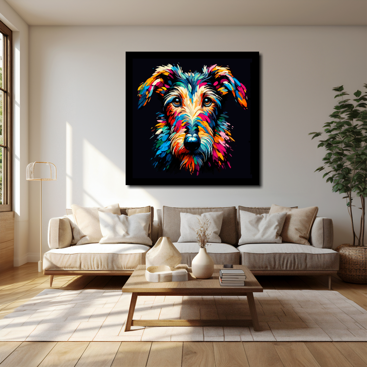 40 inch by 40 inch square canvas of a colourful Deerhound Dog head portrait on a black background. Mounted on a white wall above a cream sofa with decorative pillows.