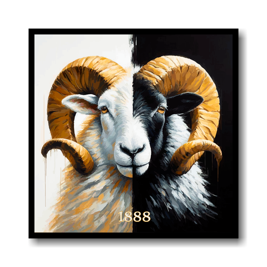 Derby County FC inspired artwork of a ram with large curved horns on a black and white background.