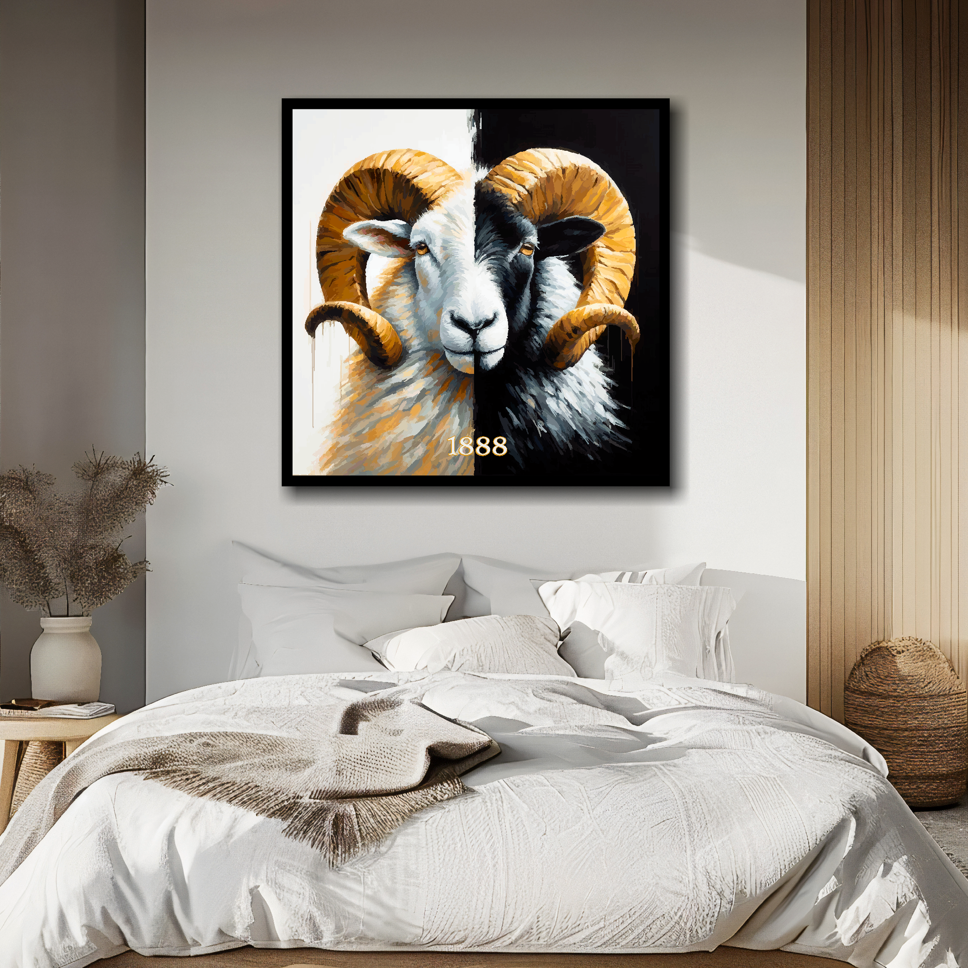 Derby County inspired canvas, mounted on a bedroom wall above a double bed, featuring a large ram in club colours.