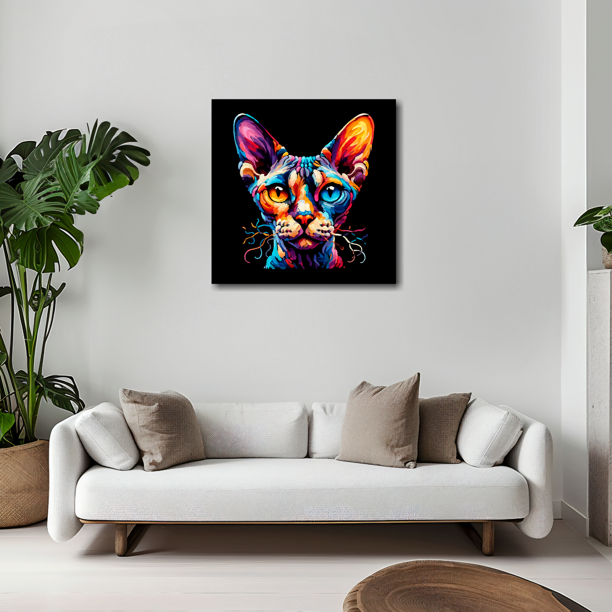 20 inch by 20 inch square canvas of a colourful Devon Rex cat head portrait on a black background. Mounted on a white wall above a white sofa with decorative pillows.