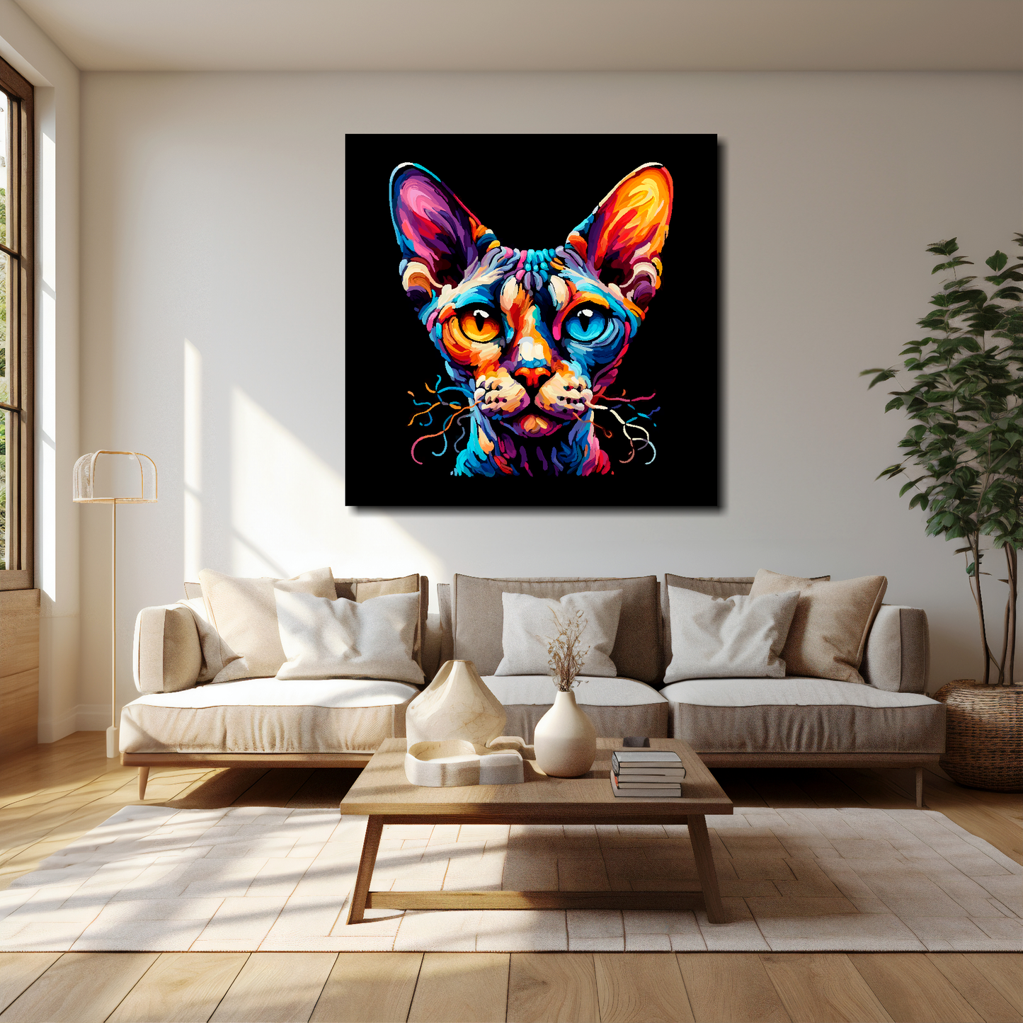 40 inch by 40 inch square canvas of a colourful Devon Rex cat head portrait on a black background. Mounted on a white wall above a cream sofa with decorative pillows.