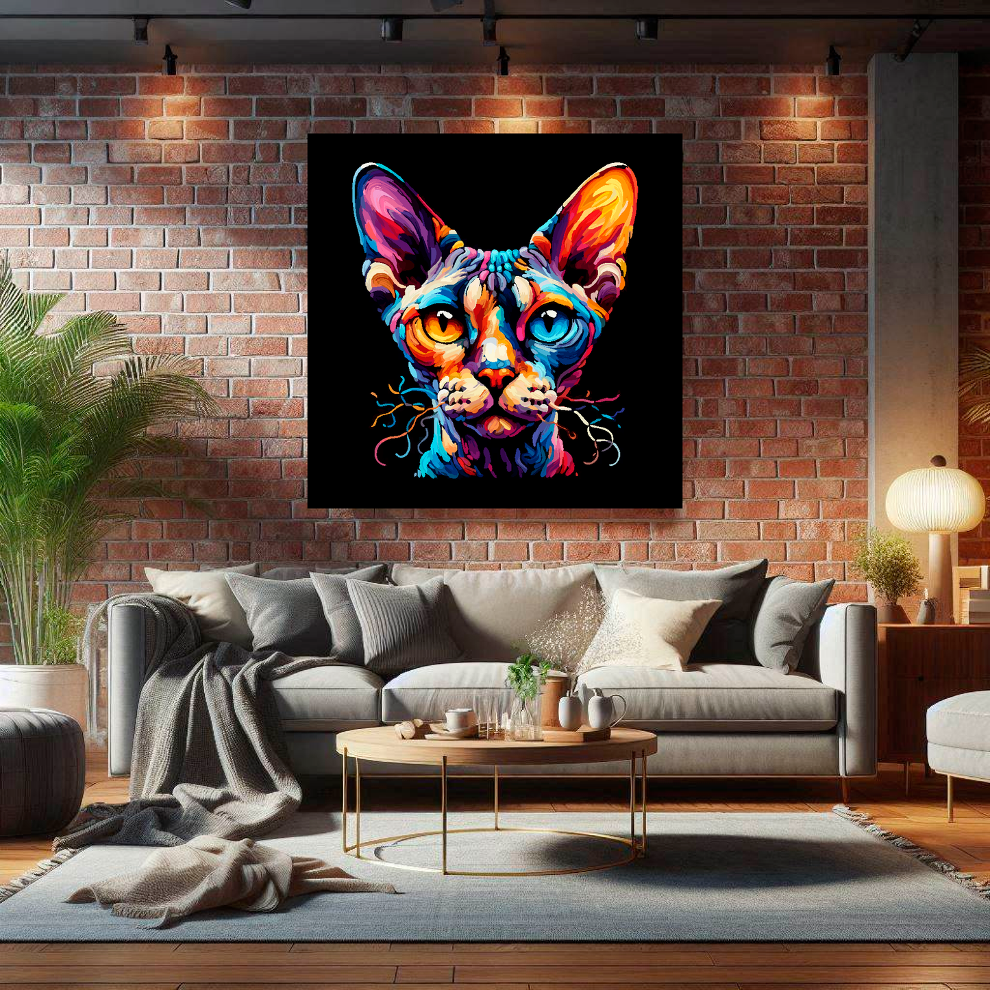 Large canvas wall art - A vibrant multi-coloured head portrait of a Devon Rex Cat. Available in 3 large sizes.