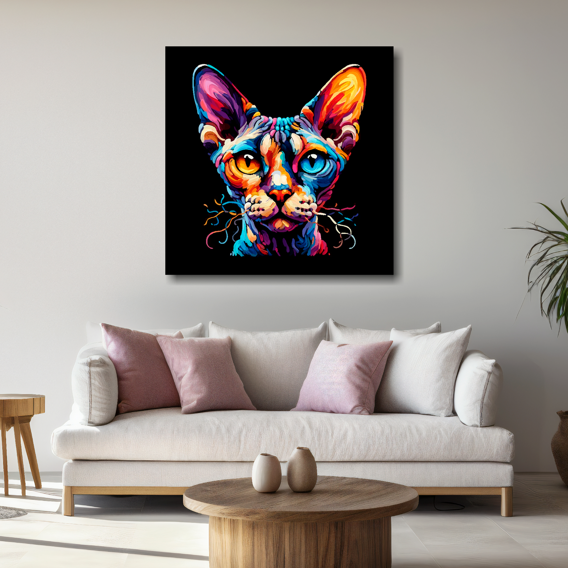 Large canvas wall art - A vibrant multi-coloured head portrait of a Devon Rex Cat. Available in 3 large sizes.