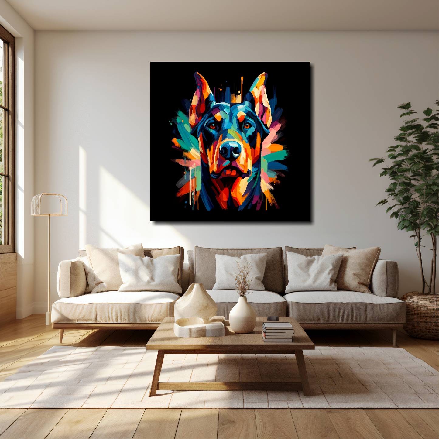 40 inch by 40 inch square canvas of a colourful Doberman Pinscher Dog head portrait on a black background. Mounted on a white wall above a cream sofa with decorative pillows.