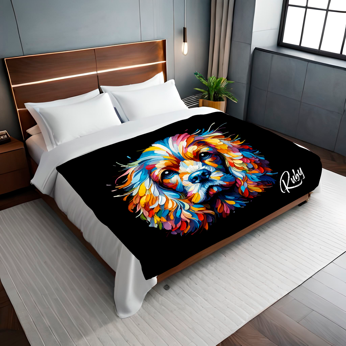 150x150 cm personalised fleece blanket with a dog portrait spread on a bed in a modern bedroom. Made in the UK.