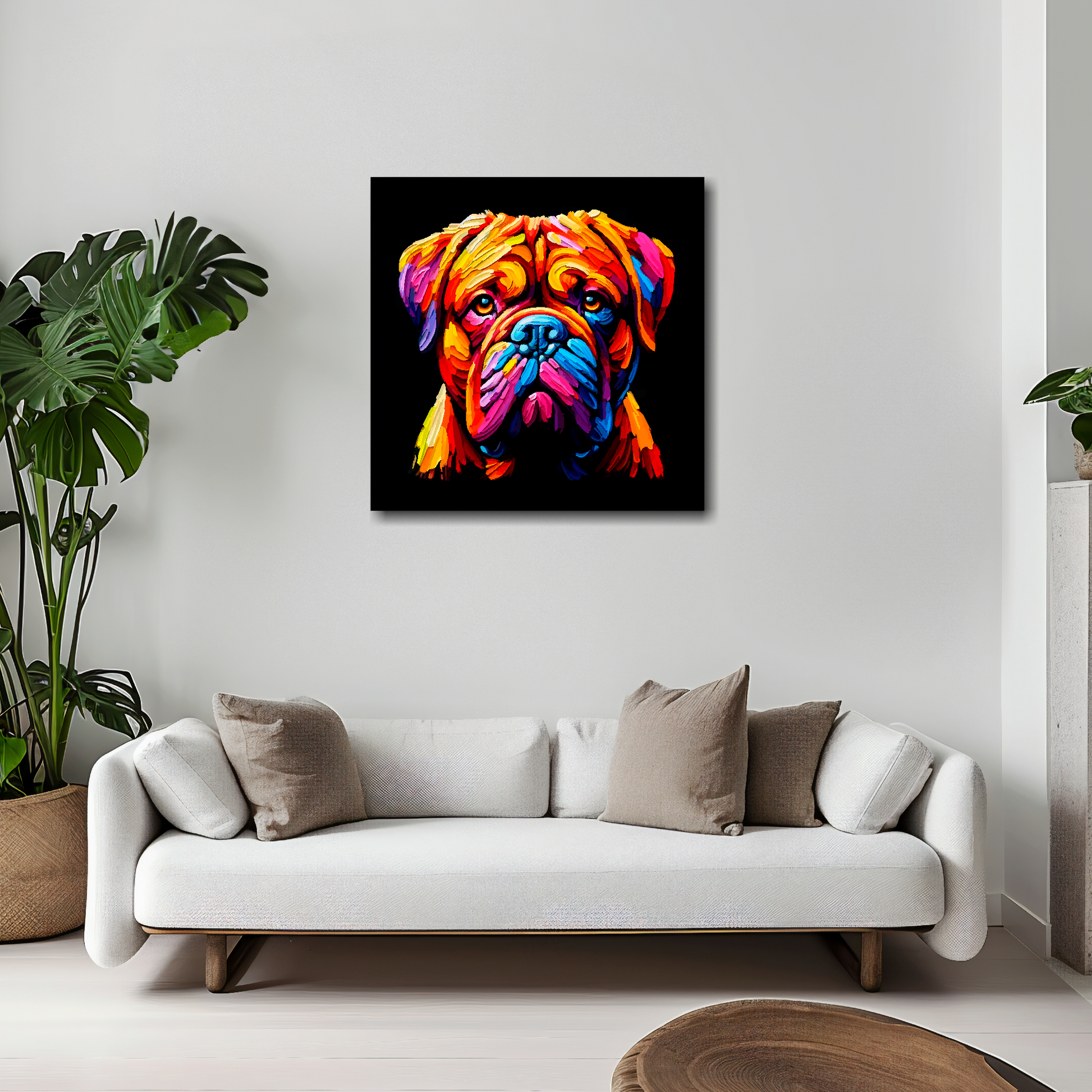 20 inch by 20 inch square canvas of a colourful Dogue De Bordeaux dog head portrait on a black background. Mounted on a white wall above a white sofa with decorative pillows.