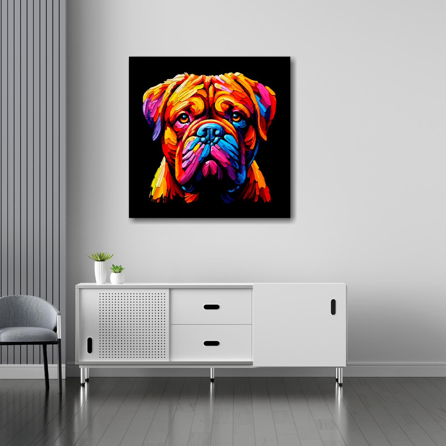 30 inch by 30 inch square canvas of a colourful Dogue De Bordeaux dog head portrait on a black background. Mounted on a white wall above a white sideboard.