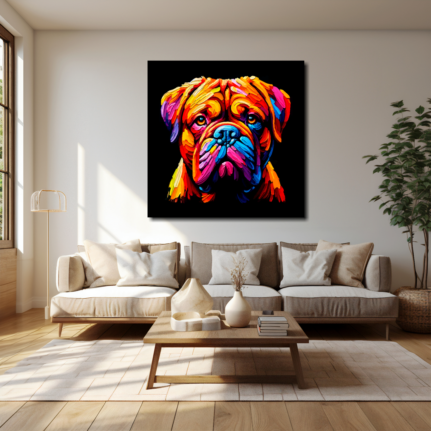 40 inch by 40 inch square canvas of a colourful Dogue De Bordeaux dog head portrait on a black background. Mounted on a white wall above a cream sofa with decorative pillows.
