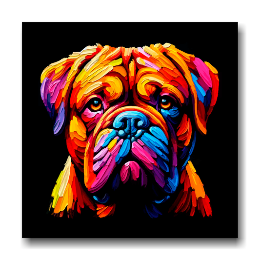 Large canvas wall art - A vibrant multi-coloured head portrait of a Dogue De Bordeaux. Available in 3 large sizes.