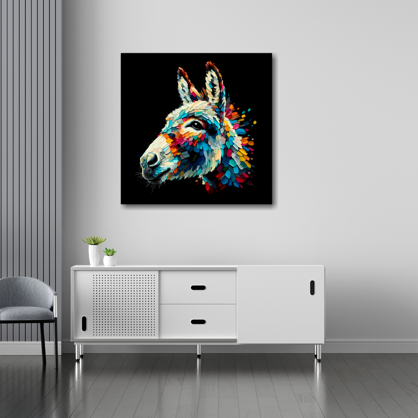 30 inch by 30 inch square canvas of a Donkey head portrait on a black background. Mounted on a white wall above a white sideboard.