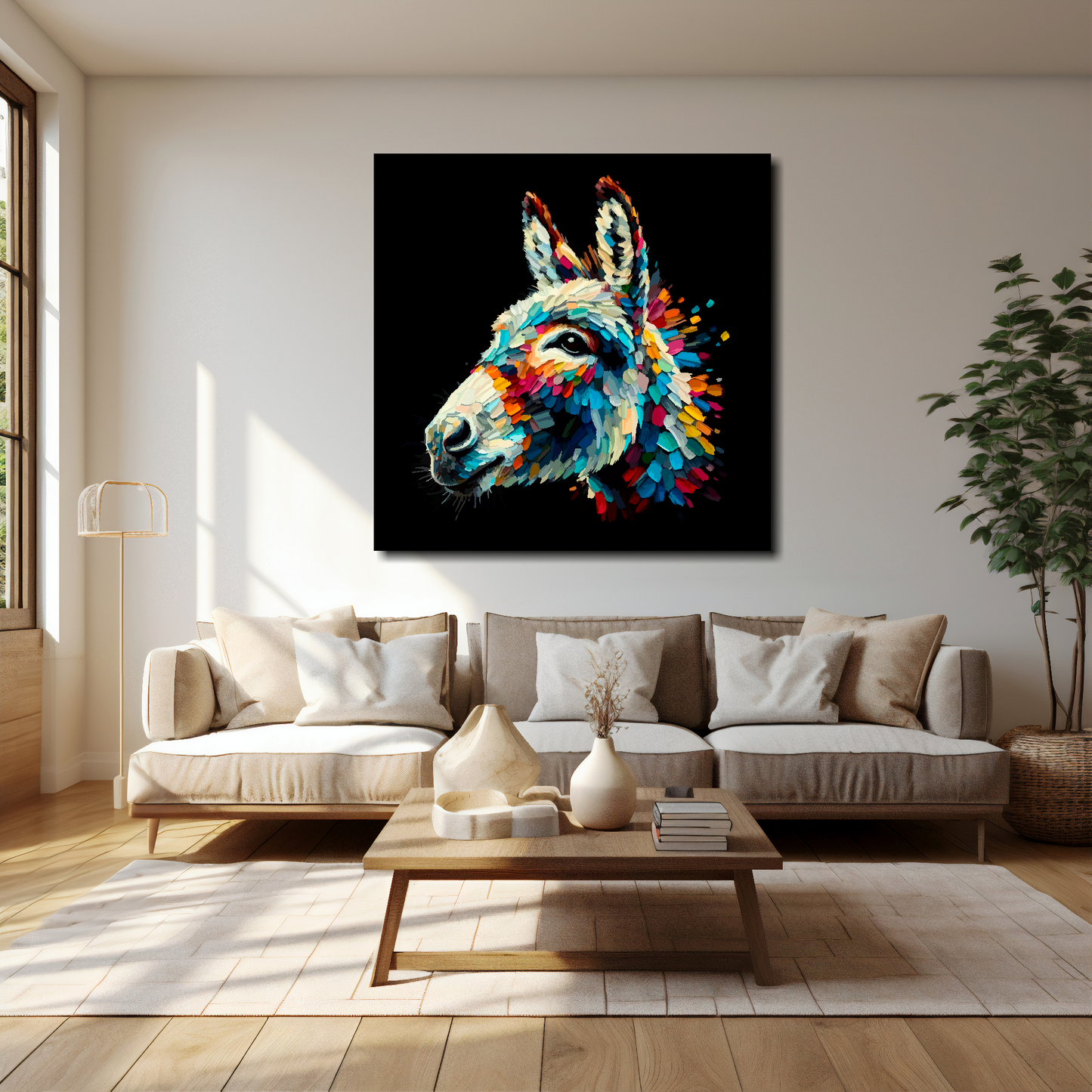40 inch by 40 inch square canvas of a Donkey head portrait on a black background. Mounted on a white wall above a cream sofa with decorative pillows.