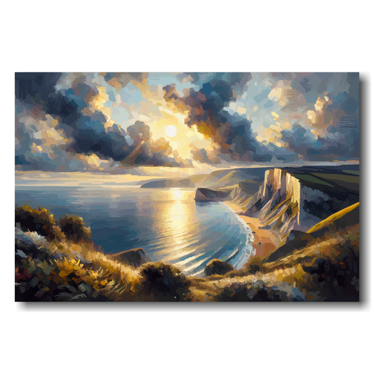 Landscape painting of a sunset over a body of water with cliffs and clouds.