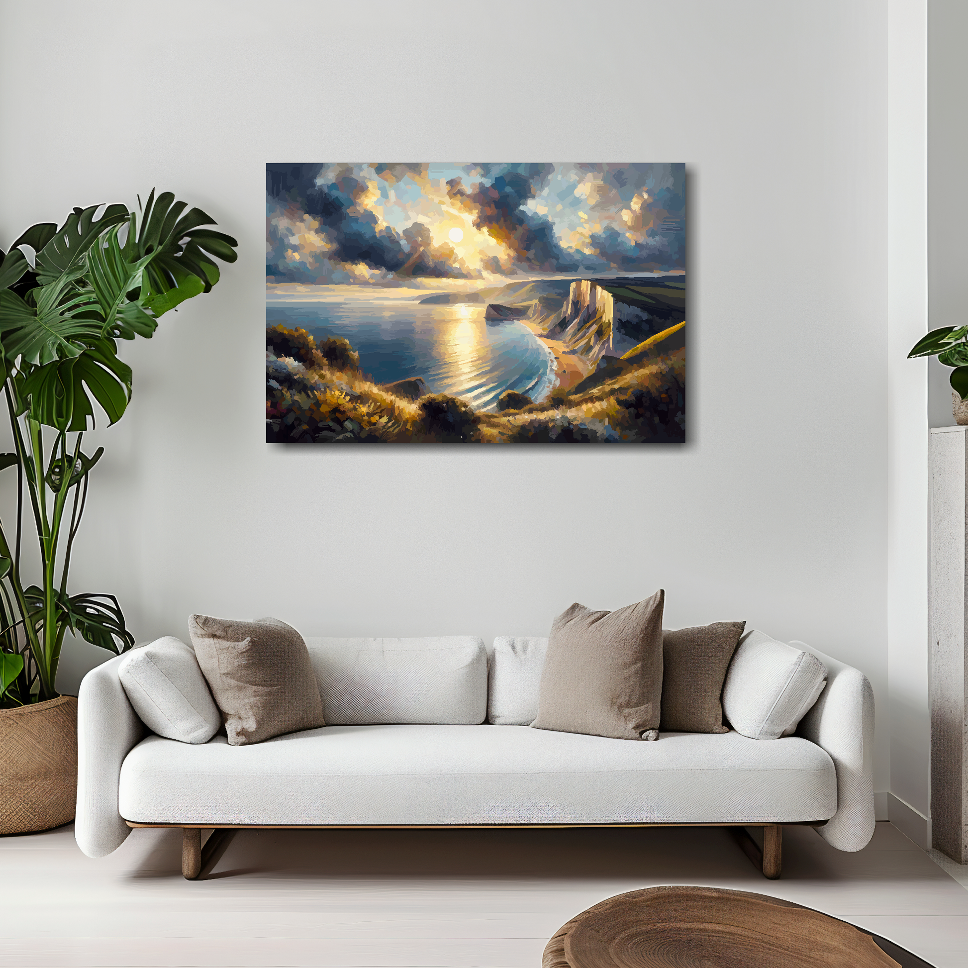 30 inch by 20 inch abstract canvas print of the Dorset Coast. Mounted on a white wall above a white sofa with decorative pillows.