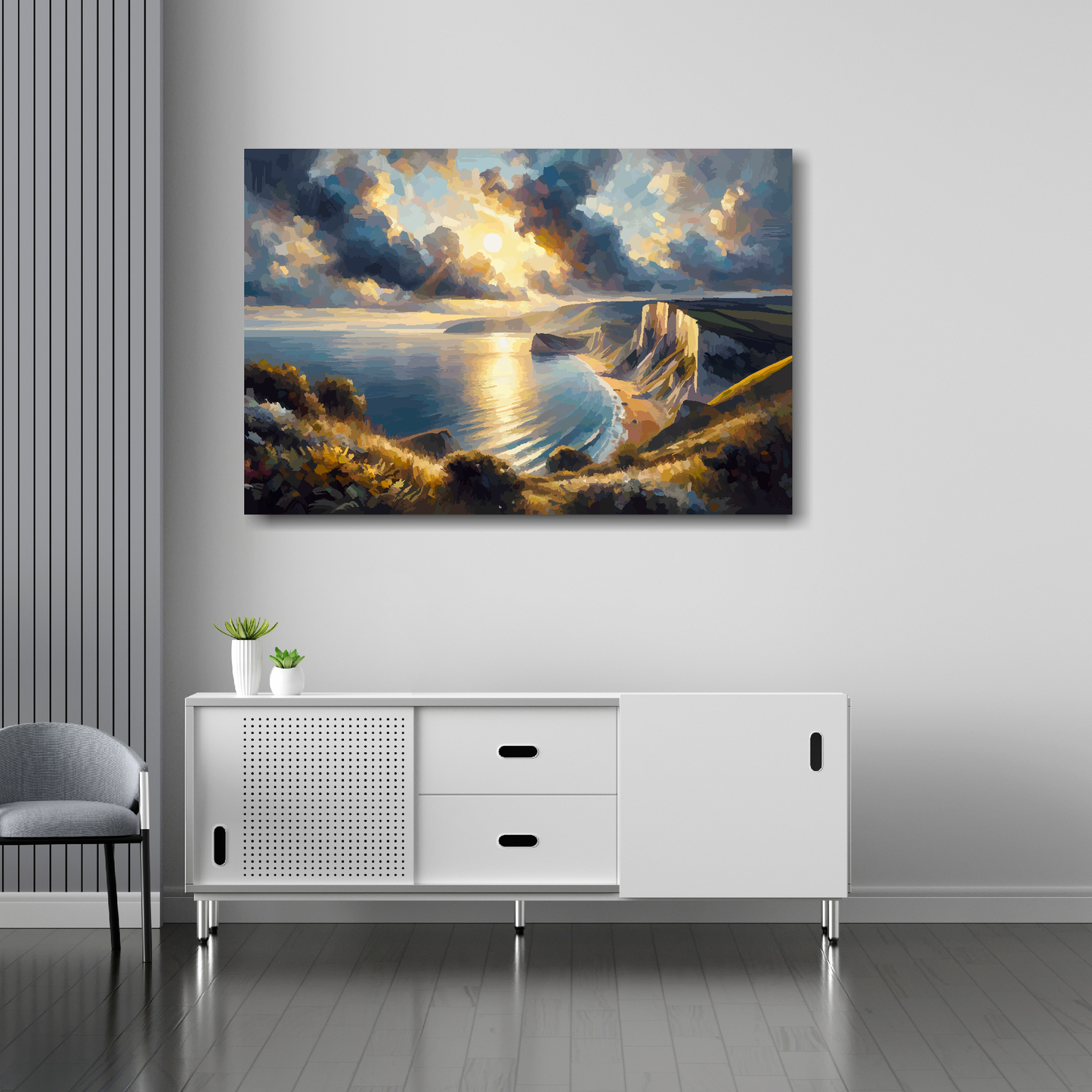 36 inch by 24 inch abstract canvas print of the Dorset Coast. Mounted on a white wall above a white sideboard.