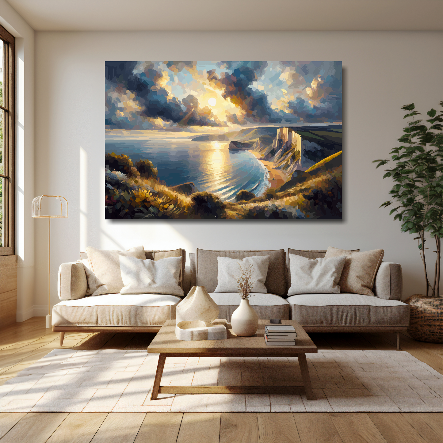 60 inch by 40 inch abstract canvas print of the Dorset Coast. Mounted on a cream wall above a cream sofa with decorative pillows.