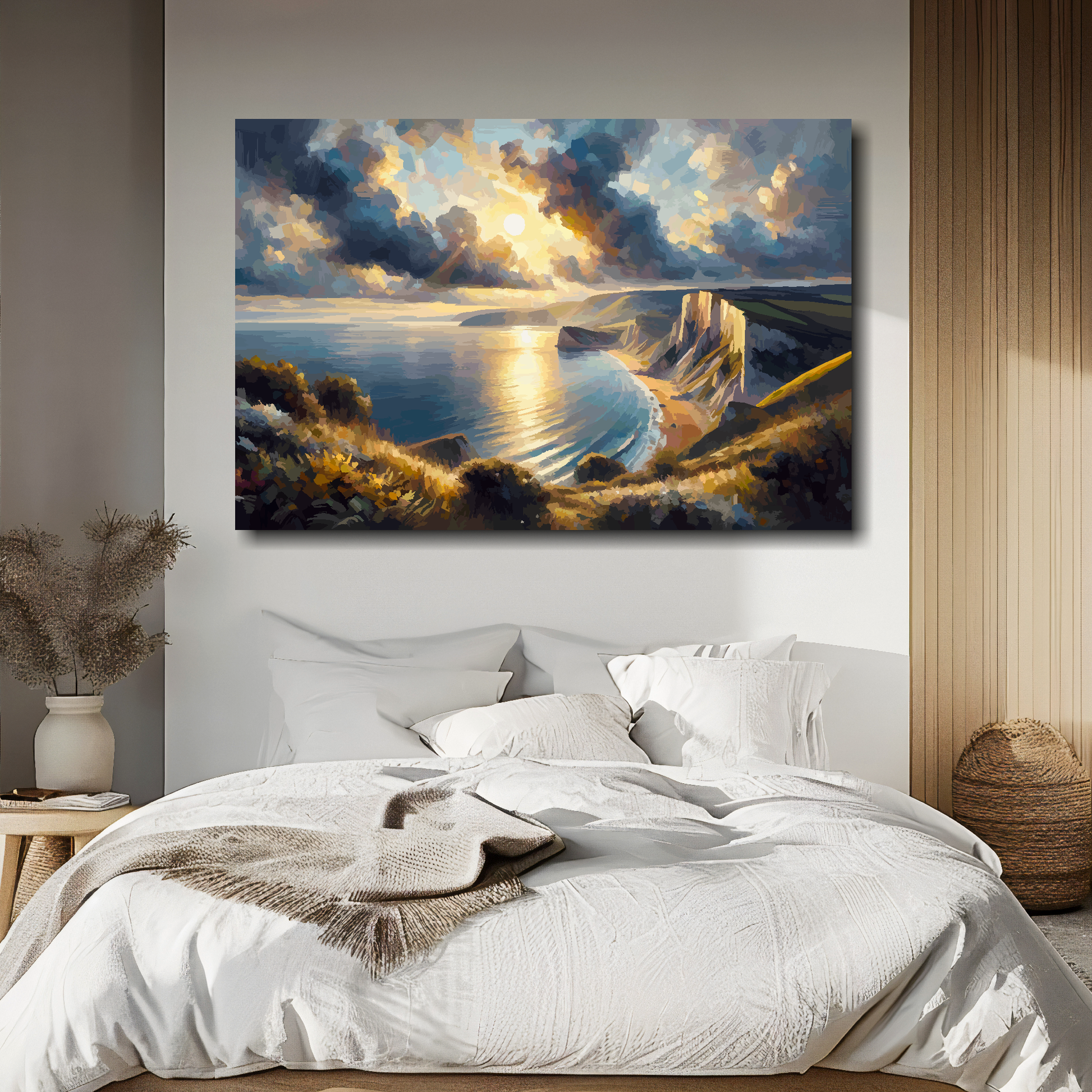 Landscape painting above a bed in a bedroom