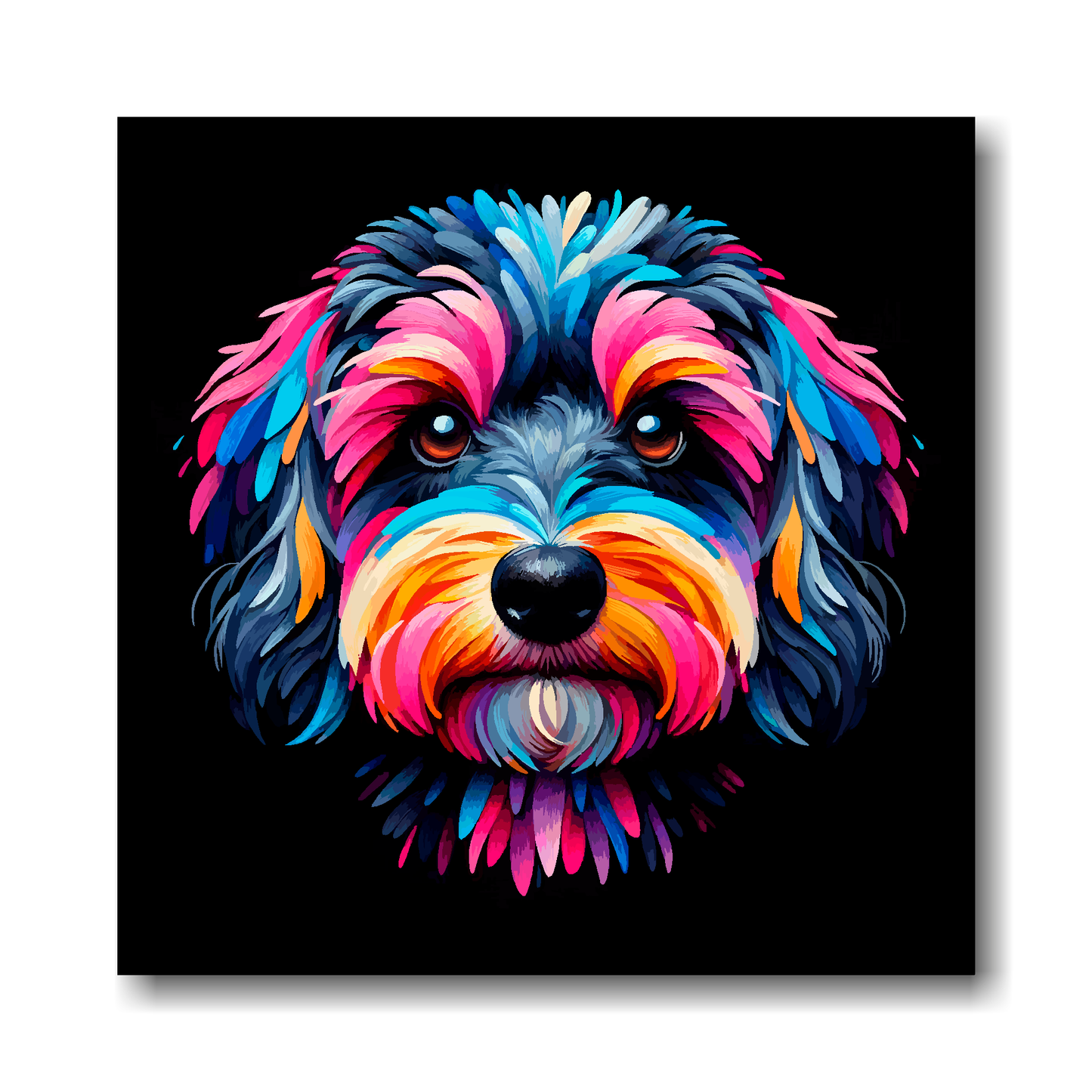 Colourful abstract painting of a Doxiepoo dog's face on a black background.