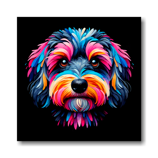 Colourful abstract painting of a Doxiepoo dog's face on a black background.