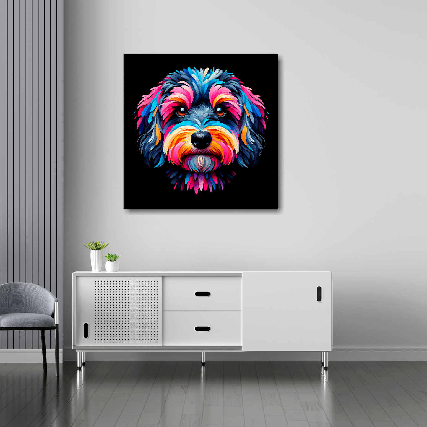 30 inch by 30 inch canvas print featuring a multi-coloured Doxiepoo dog portrait. Mounted on a white wall above a white sideboard.