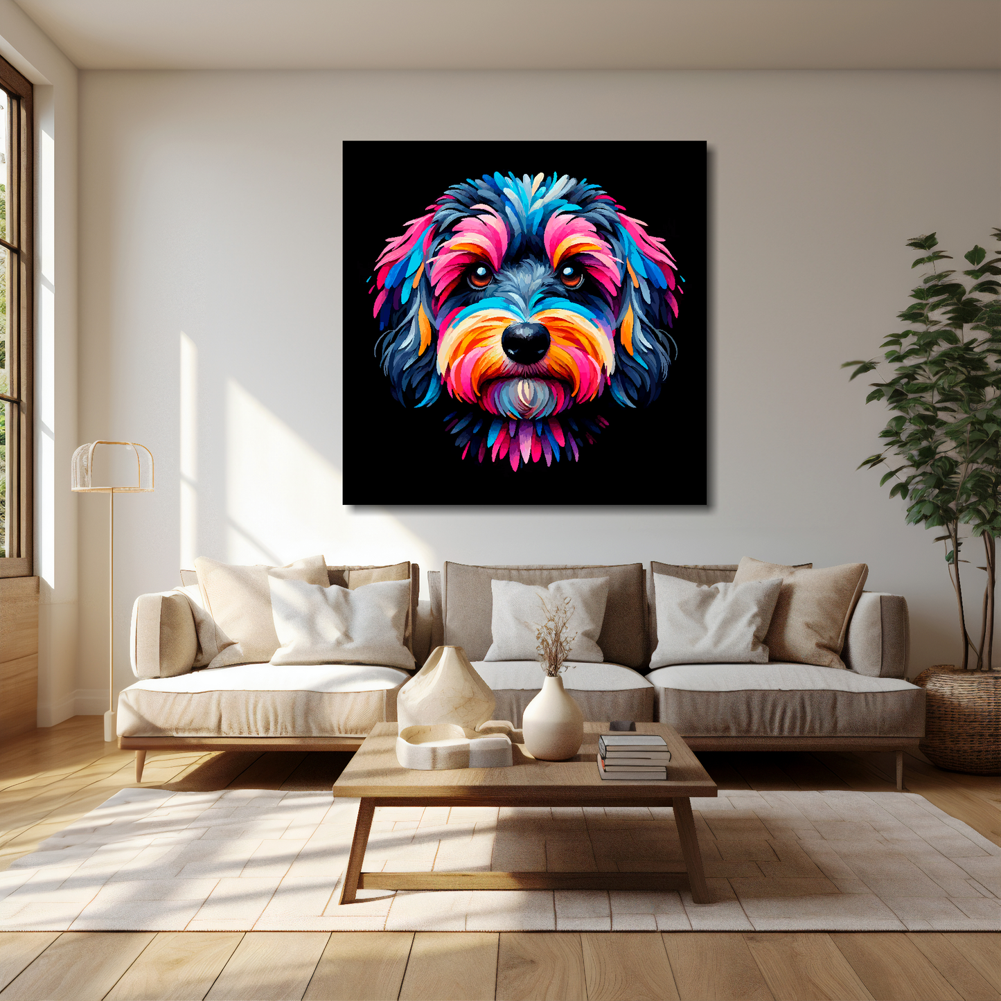 40 inch by 40 inch canvas print featuring a multi-coloured Doxiepoo dog portrait. Mounted on a cream wall above a cream sofa with decorative pillows.
