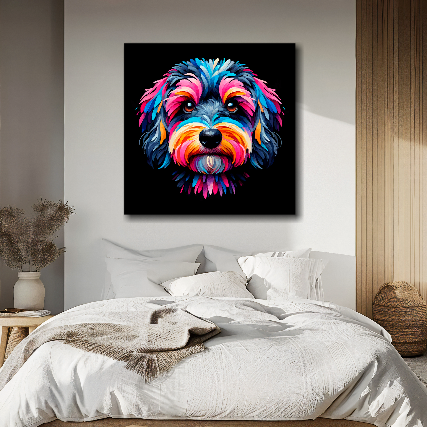 Canvas print featuring a multi-coloured Doxiepoo dog portrait. Mounted on a white wall above a double bed.