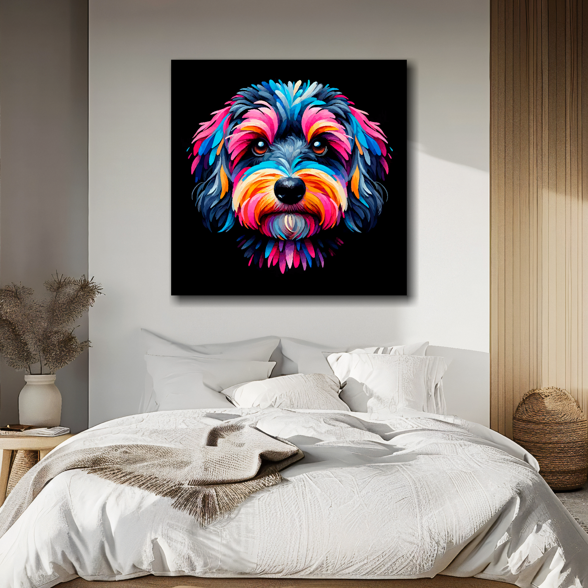 Canvas print featuring a multi-coloured Doxiepoo dog portrait. Mounted on a white wall above a double bed.