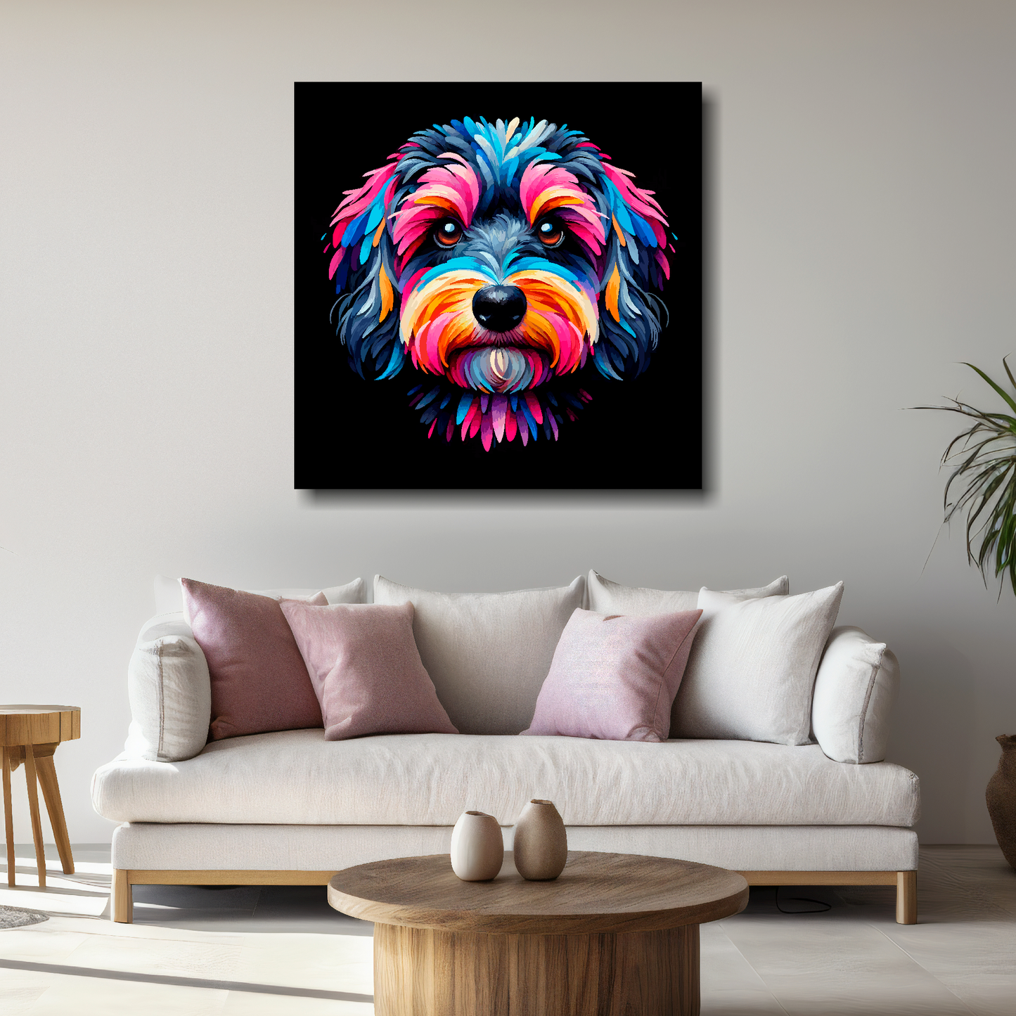 Large canvas print featuring a multi-coloured Doxiepoo dog portrait. Mounted on a white wall above a white sofa with decorative pillows.