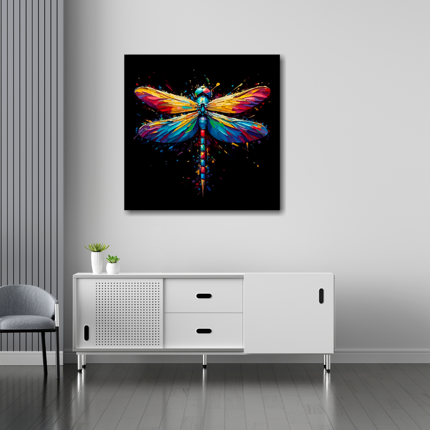 30 inch by 30 inch square canvas of a Colourful Dragonfly on a black background. Mounted on a white wall above a white sideboard.