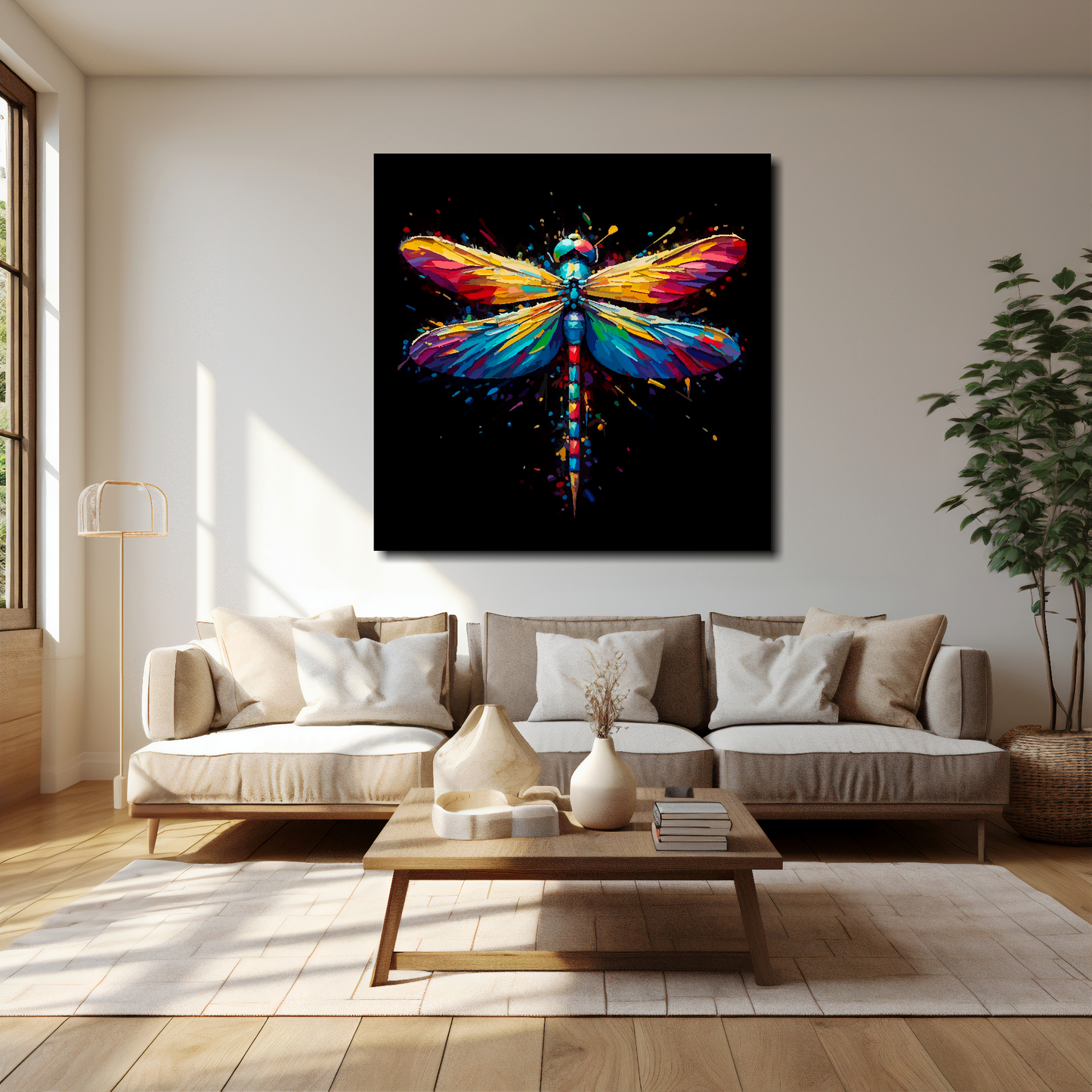 40 inch by 40 inch square canvas of a colouful Dragonfly on a black background. Mounted on a white wall above a cream sofa with decorative pillows.