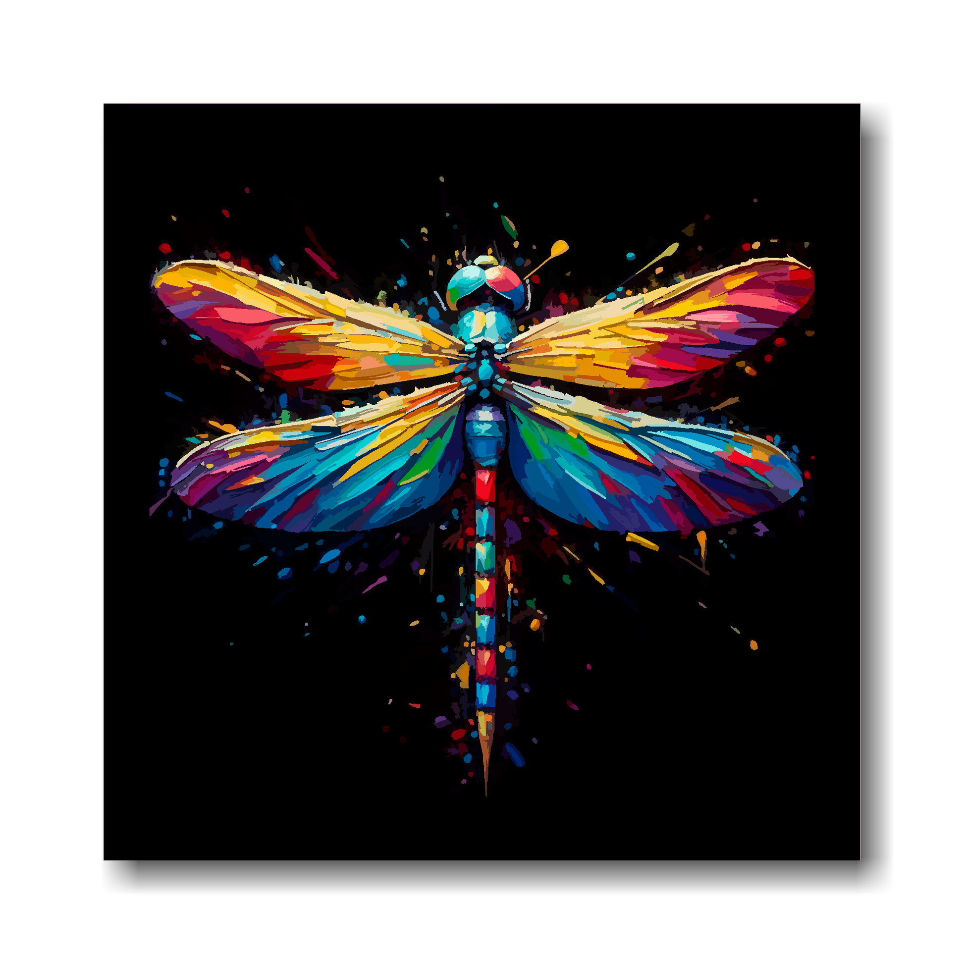 Large canvas wall art - Colourful Dragonfly portrait on a black background. Availabe in 3 large sizes.