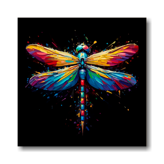 Large canvas wall art - Colourful Dragonfly portrait on a black background. Availabe in 3 large sizes.