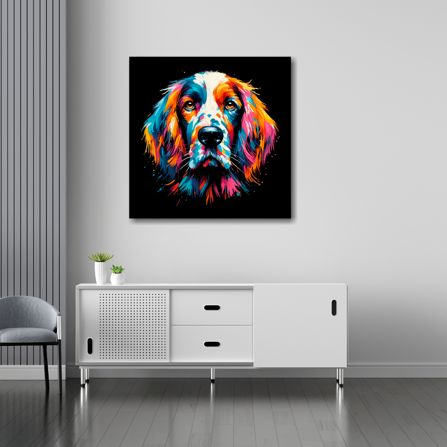 30 inch by 30 inch square canvas of a colourful English Setter head portrait on a black background. Mounted on a white wall above a white sideboard.