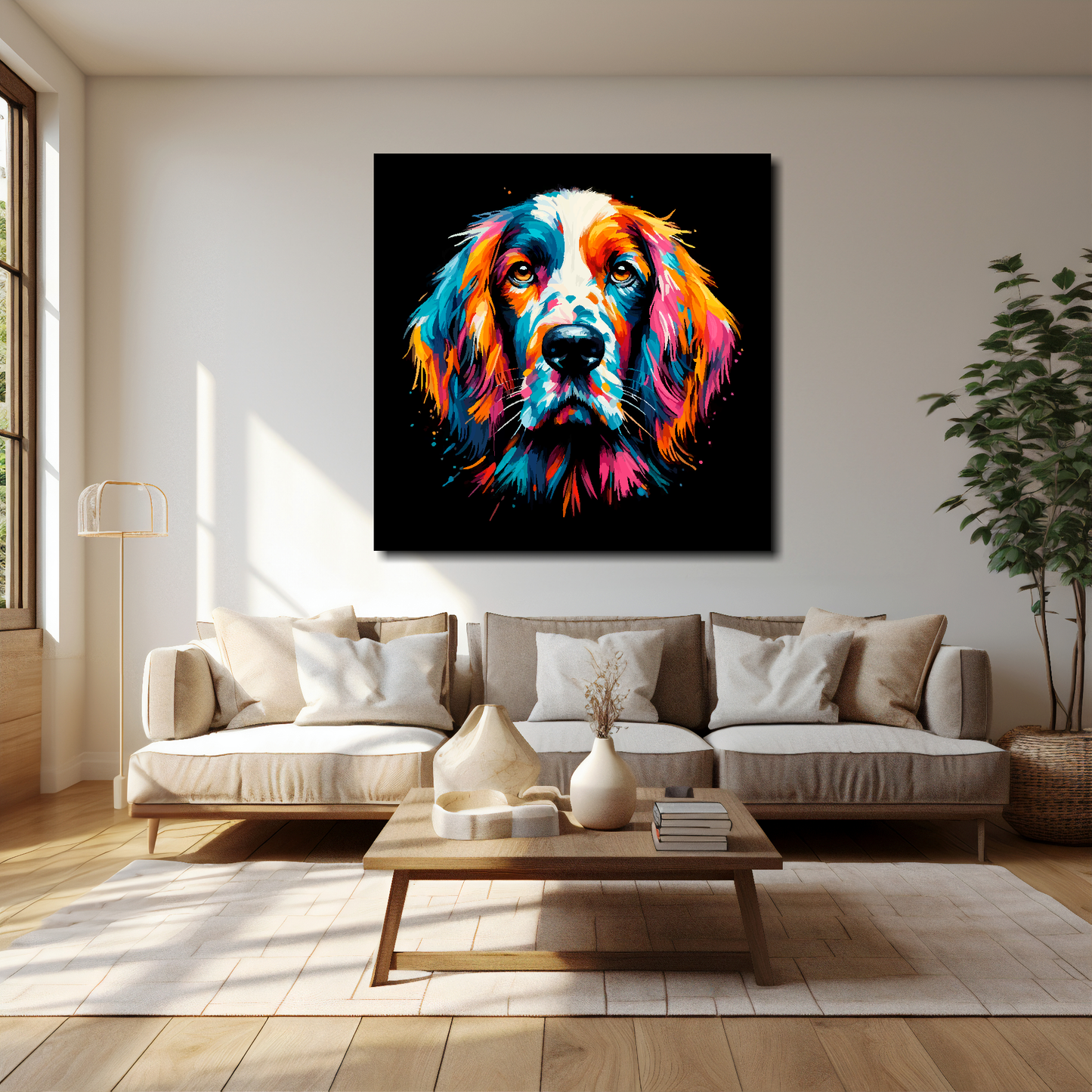 40 inch by 40 inch square canvas of a colourful English Setter head portrait on a black background. Mounted on a white wall above a cream sofa with decorative pillows.