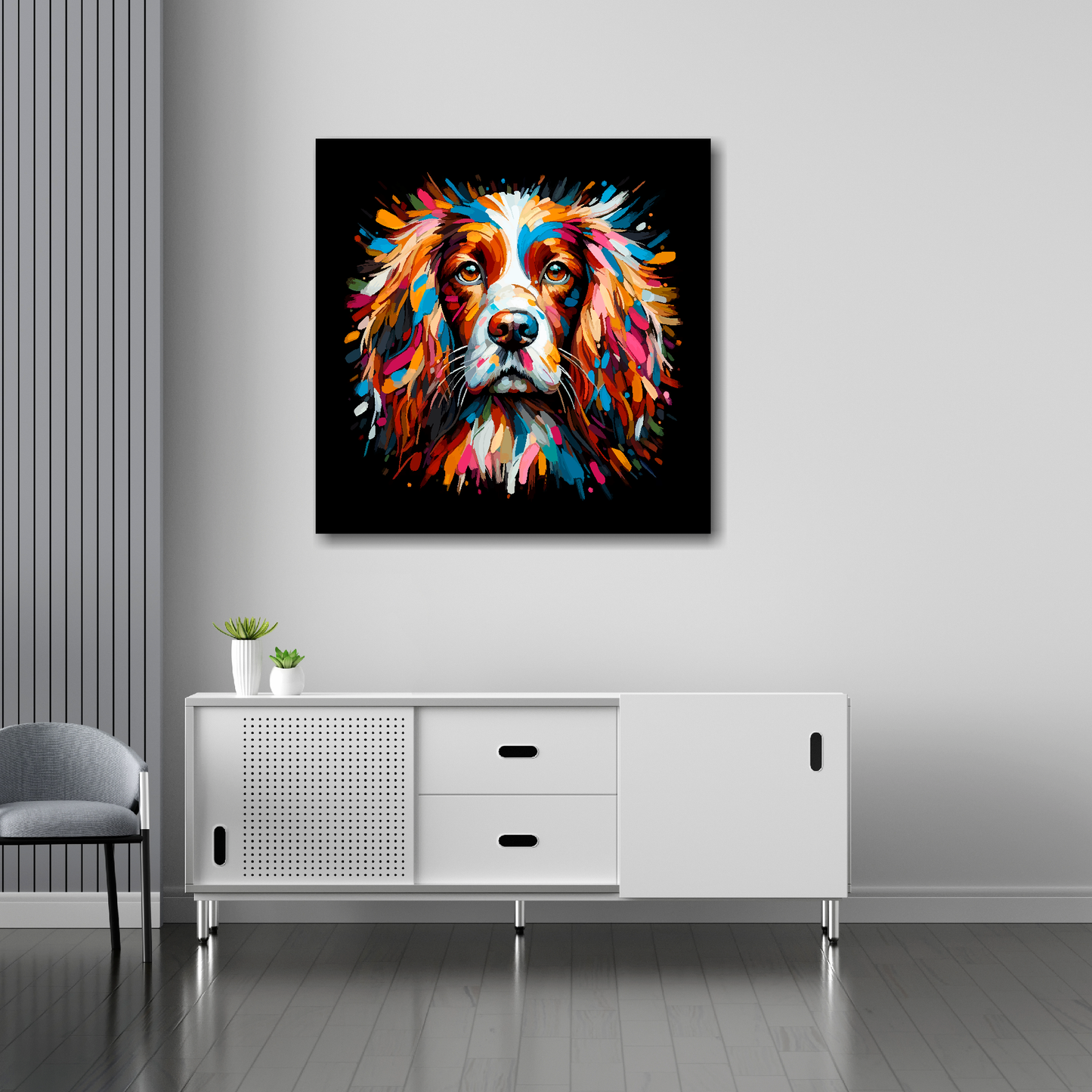 30 inch by 30 inch square canvas of a colourful English Springer Spaniel head portrait on a black background. Mounted on a white wall above a white sideboard.