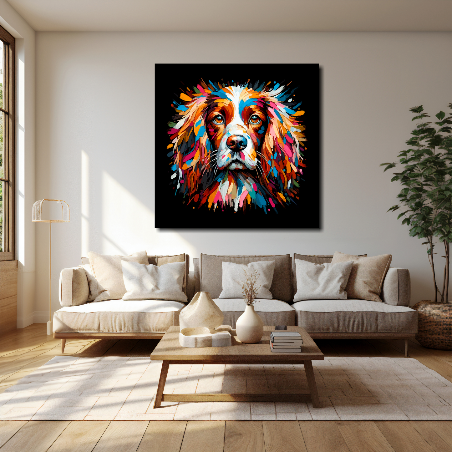 40 inch by 40 inch square canvas of a colourful English Springer Spaniel head portrait on a black background. Mounted on a white wall above a cream sofa with decorative pillows.