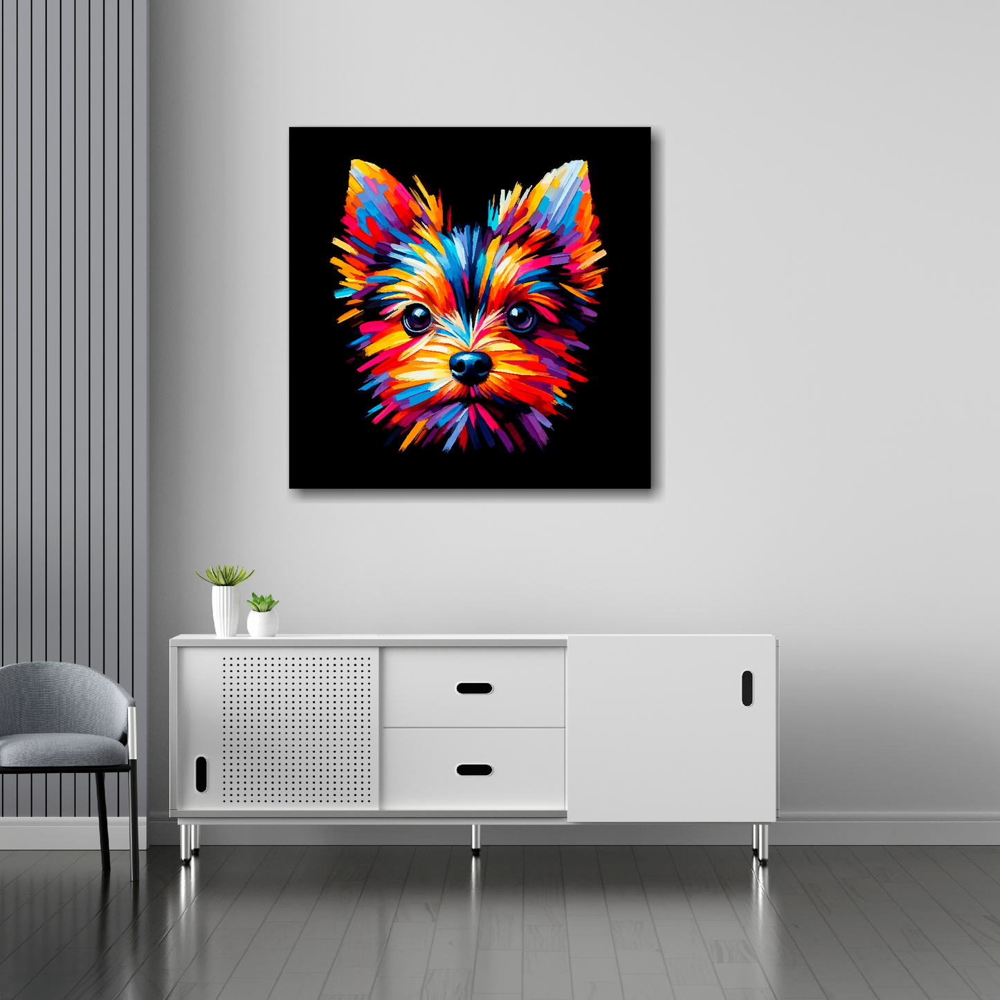 30 inch by 30 inch square canvas of a colourful English Toy Terrier head portrait on a black background. Mounted on a white wall above a white sideboard.