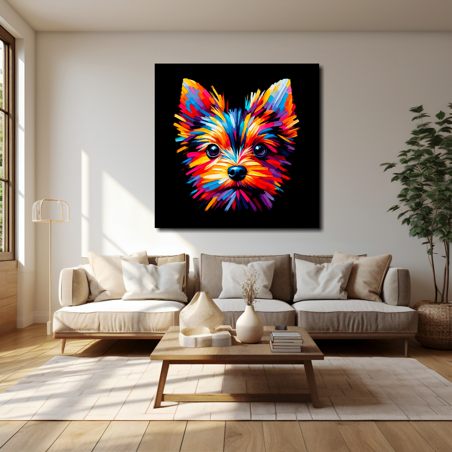 40 inch by 40 inch square canvas of a colourful English Toy Terrier head portrait on a black background. Mounted on a white wall above a cream sofa with decorative pillows.