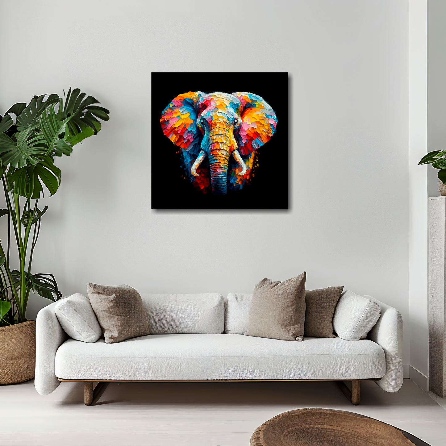 20 inch by 20 inch square canvas of a colouful Elephant on a black background. Mounted on a white wall above a white sofa with decorative pillows.