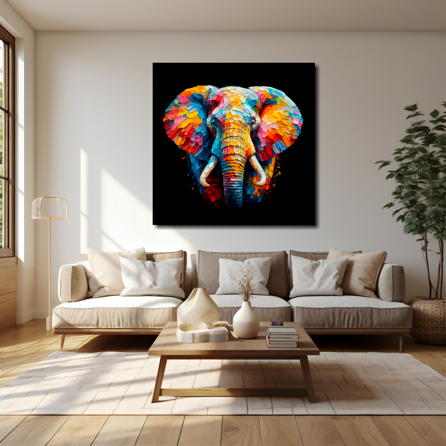 40 inch by 40 inch square canvas of a colouful Elephant on a black background. Mounted on a white wall above a cream sofa with decorative pillows.