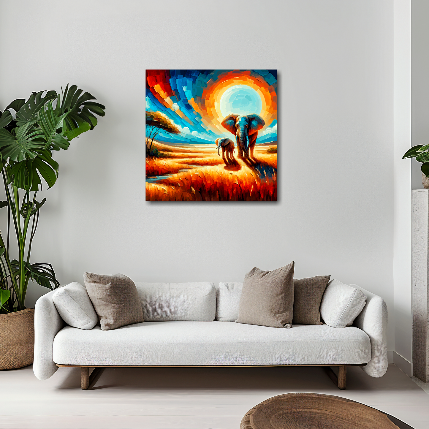 20 inch by 20 inch canvas mounted on a white living room wall above a white sofa. Featuring a colourful abstract of two Elephants.