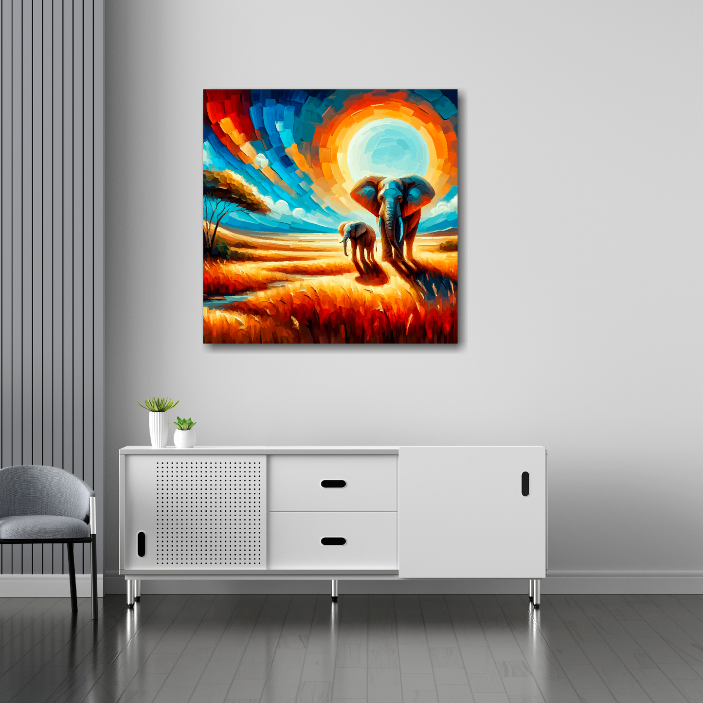 30 inch by 30 inch canvas mounted on a white living room wall above a white sideboard. Featuring a colourful abstract of two Elephants.