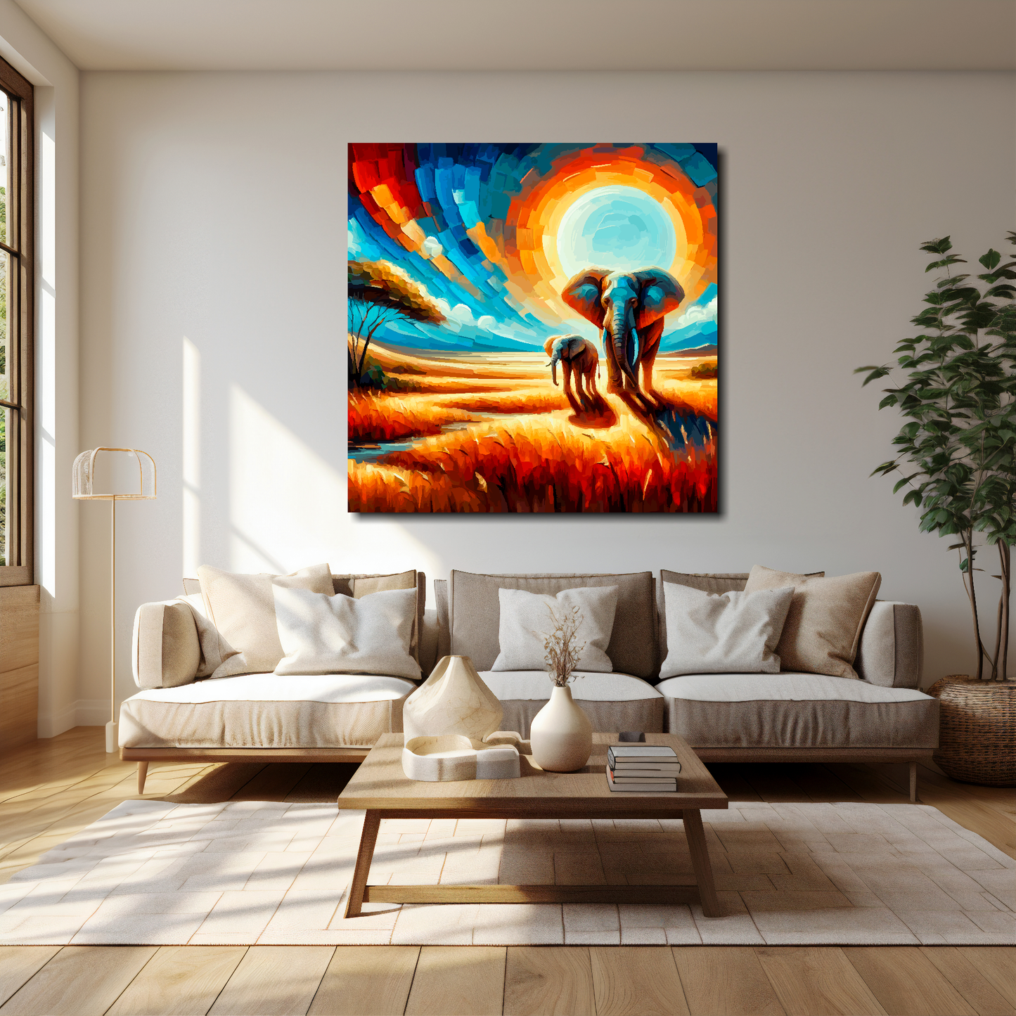 20 inch by 20 inch canvas mounted on a white living room wall above a cream sofa. Featuring a colourful abstract of two Elephants.