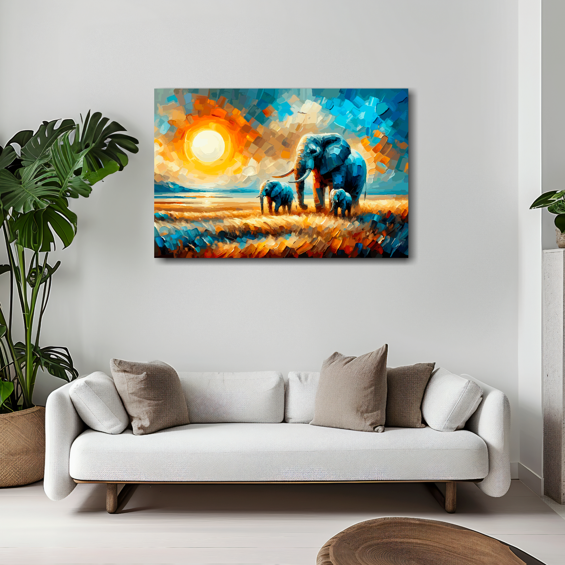30 inch by 20 inch abstract canvas print of an African Plains landscape featuring 3 Elephants. Mounted on a white wall above a white sofa with decorative pillows.